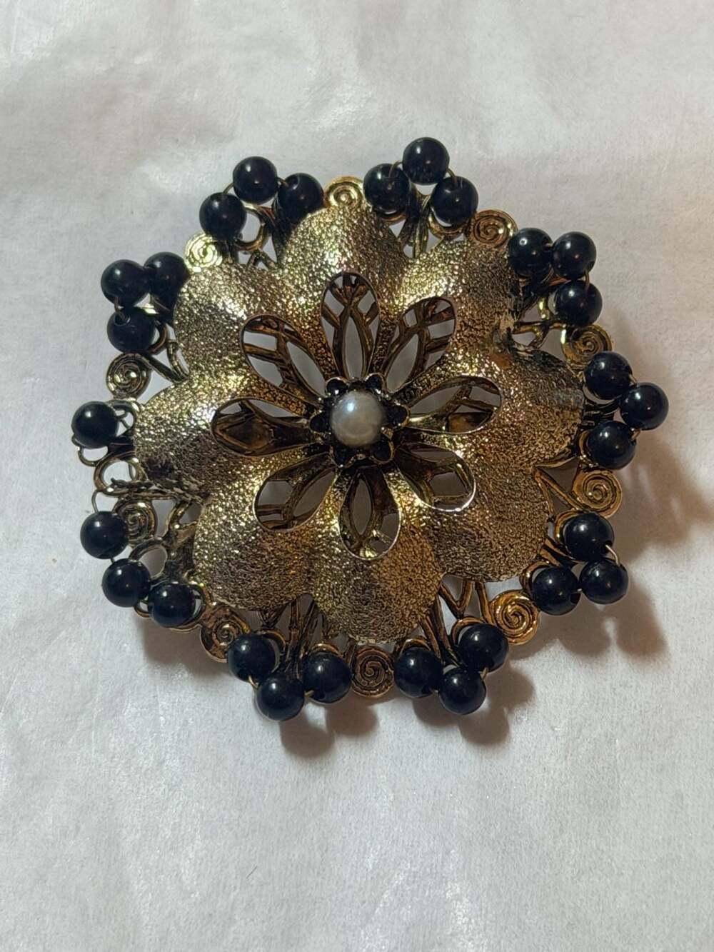 Vtg Gold-Tone Flower Mourning Brooch Black Glass Beads / Faux Pearl 1.25"